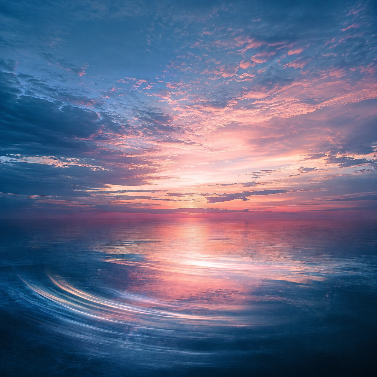 Celestial-blue water reflecting rose-pink light at the horizon
