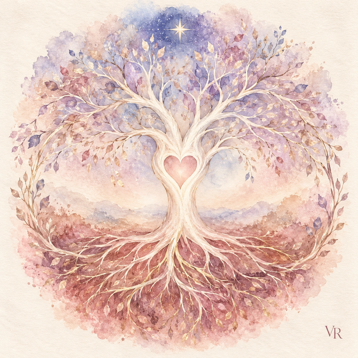 Pearl tree with a blush heart, roots in the earth and branches opening into a lilac sky