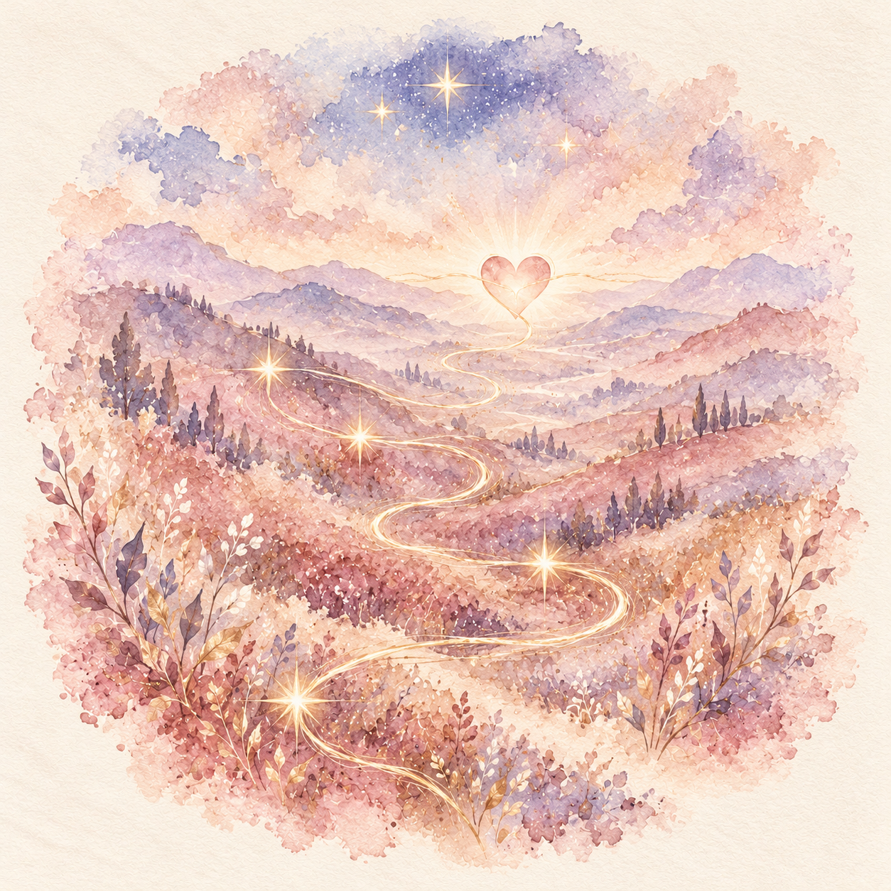 A golden thread linking stars and a blush heart through a soft lavender watercolour landscape