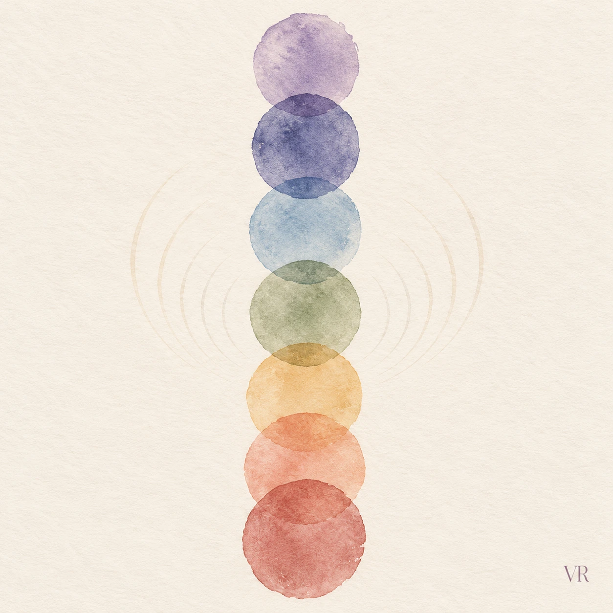 Seven softly overlapping watercolour circles in the chakra colours on ivory paper