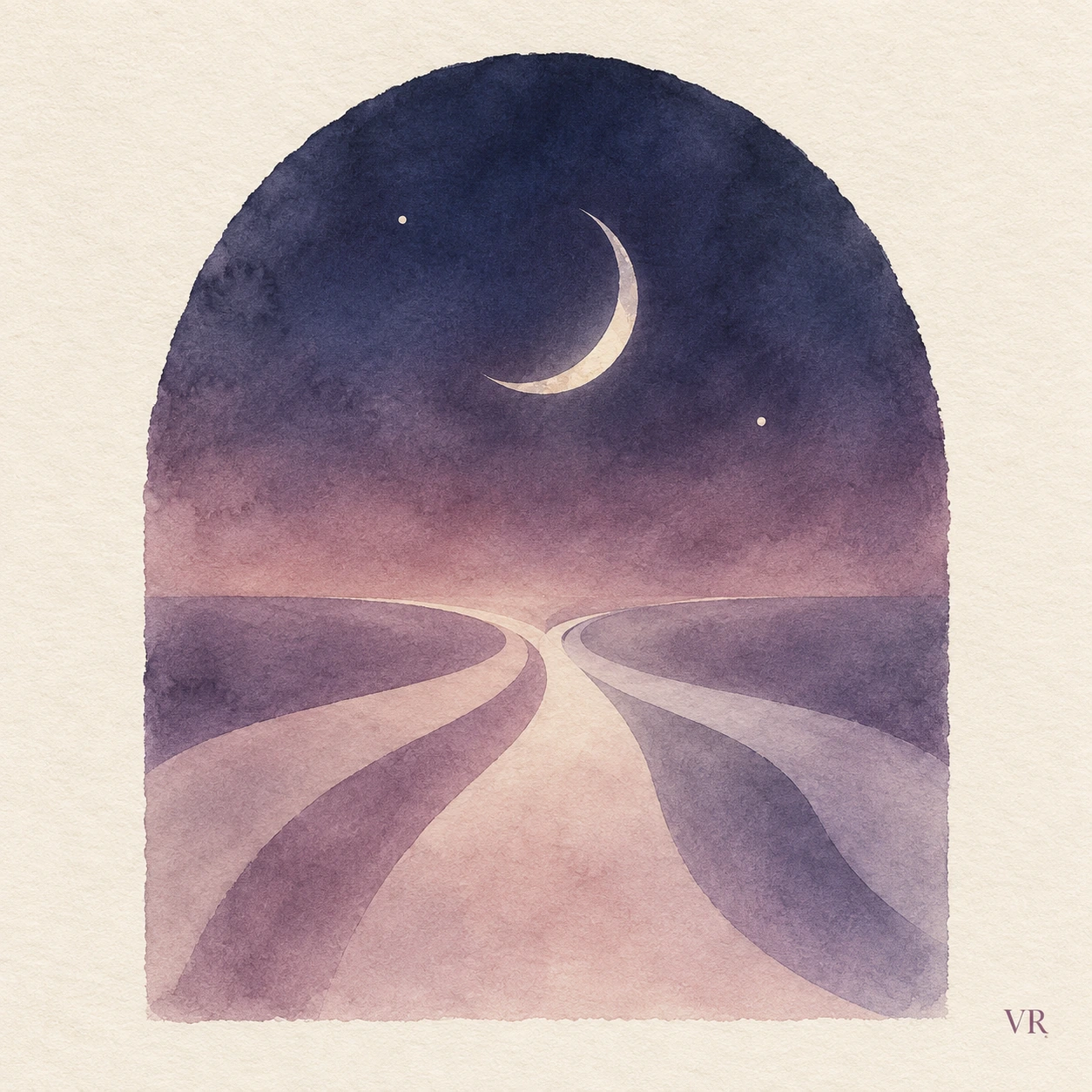 Watercolour crescent moon above three gentle paths in indigo, lavender and blush