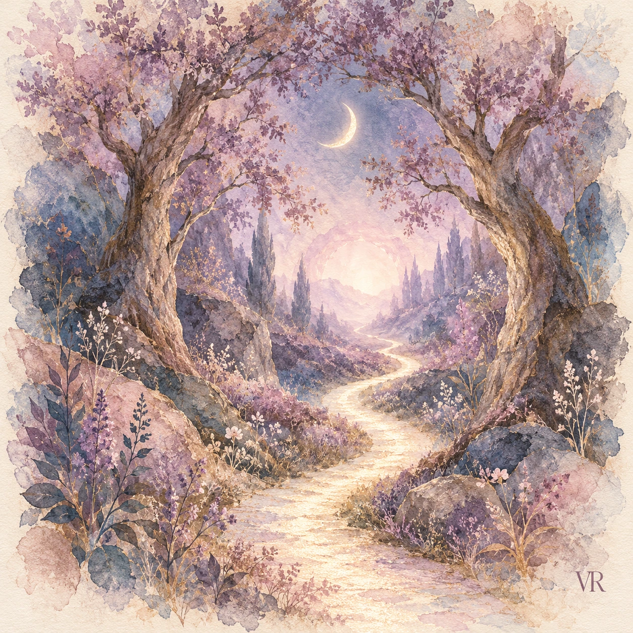 Pearlescent path between ancient trees towards a soft moonlit sanctuary
