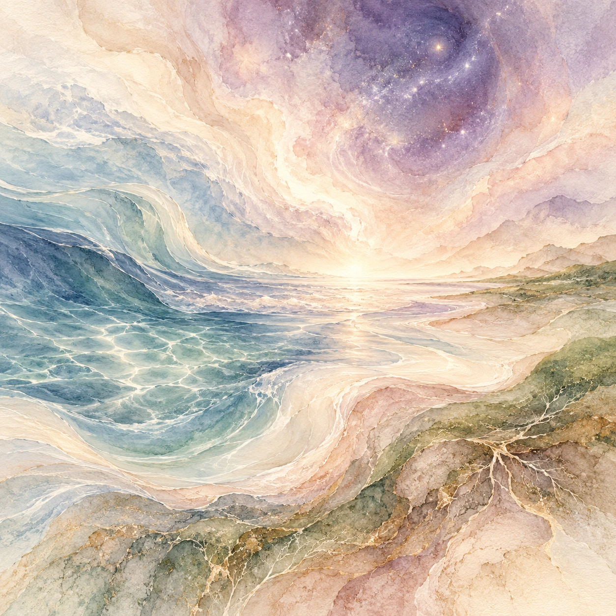 Abstract watercolour ocean currents, lavender cosmic light and grounding earth contours on ivory