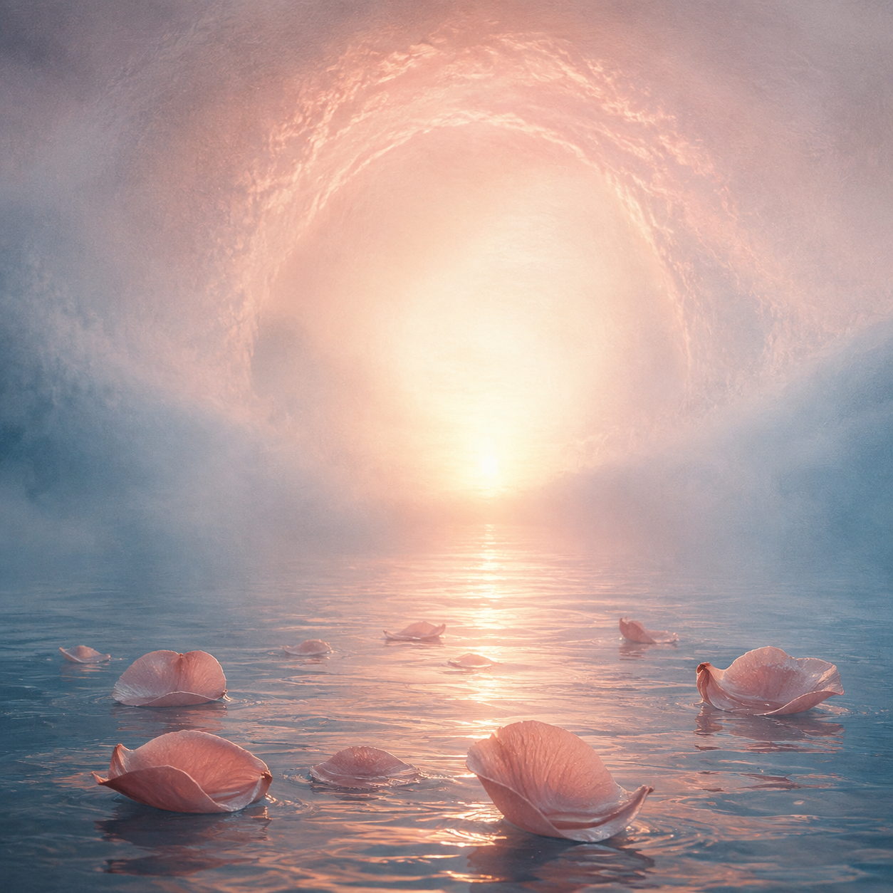 Rose petals floating towards a luminous opening in blue mist