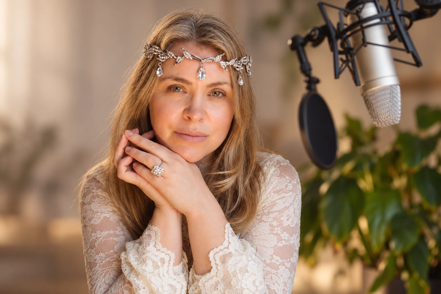 Victoria Rebecca in ivory lace and a crystal headband beside her recording microphone