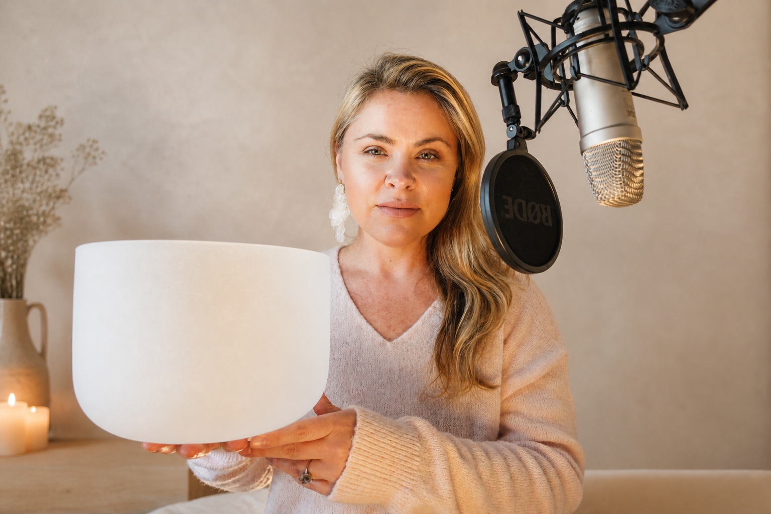 Victoria Rebecca beside her singing bowl and microphone