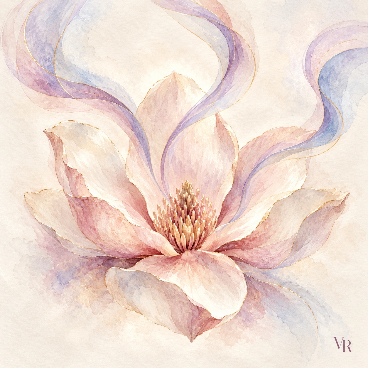 Blush bloom unfolding into lavender and blue ribbons of sound